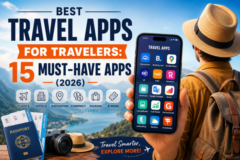 Best Travel Apps for Travelers 2026 feature image showing a traveler holding a smartphone with essential travel apps for flights, hotels, maps, currency exchange, and trip planning.